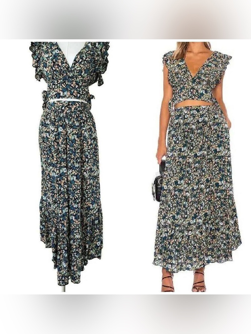 Free People Matching Set Floral Maxi Skirt and Top in Teal and Cream